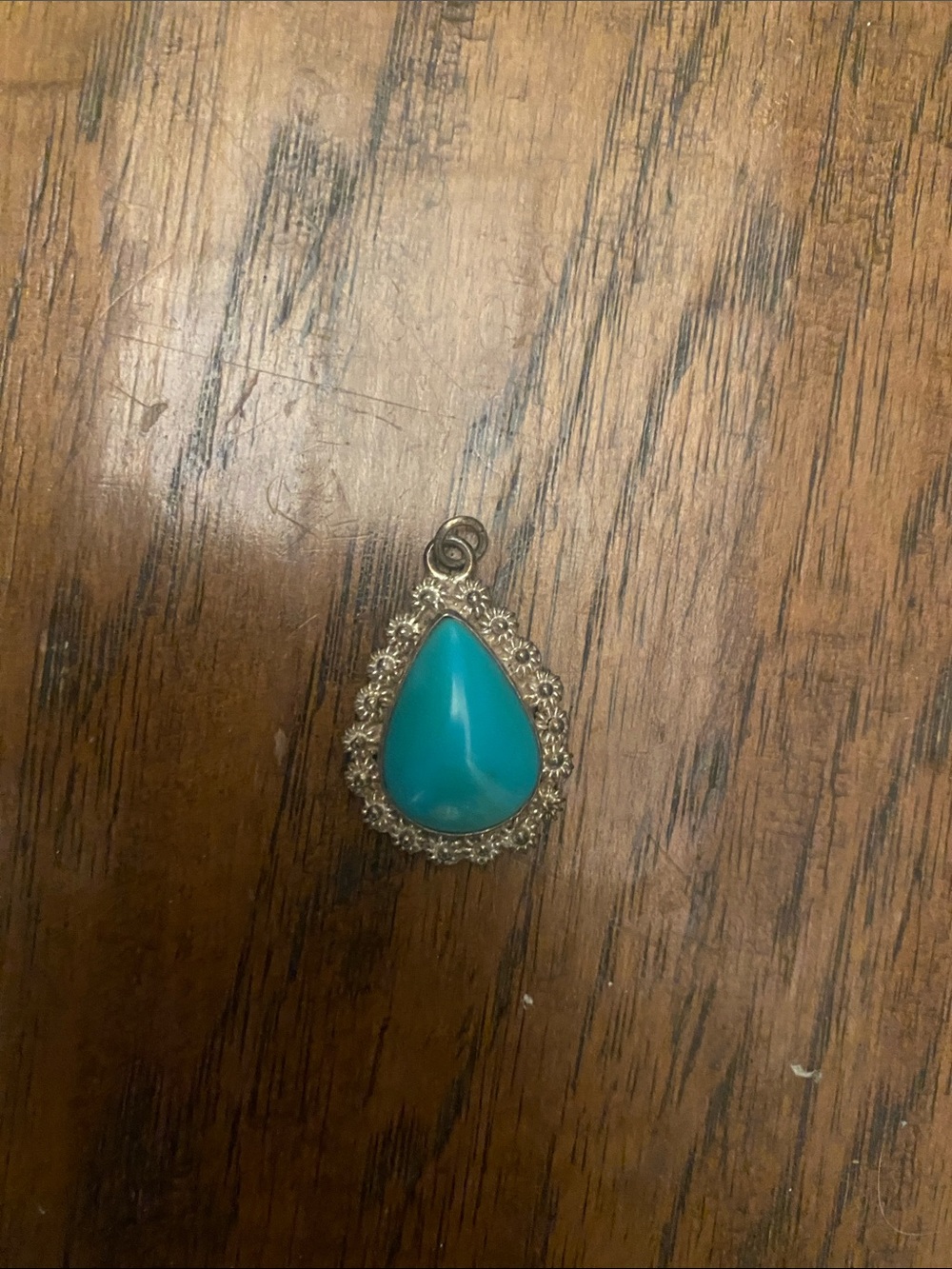 Turquoise Teardrop Pendant Necklace - Blue Silver Floral Frame